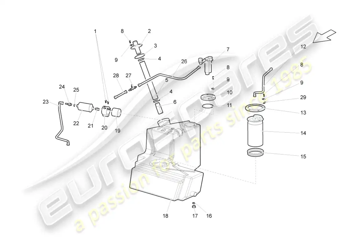 lamborghini gallardo coupe (2008) fuel tank with attachments right parts diagram