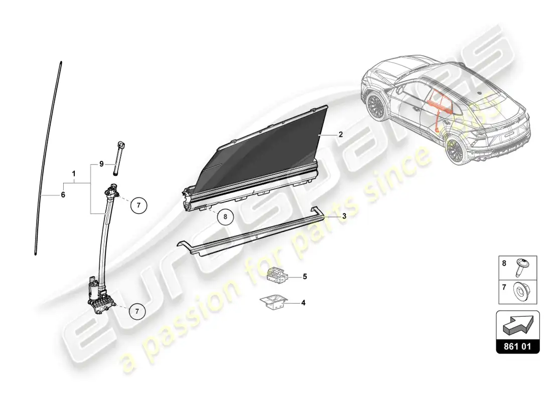 lamborghini urus (2020) roller sunblind parts diagram