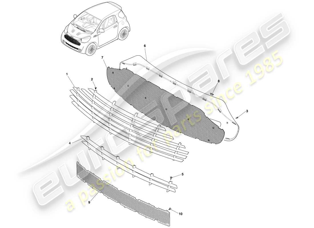 aston martin cygnet (2012) radiator grille part diagram