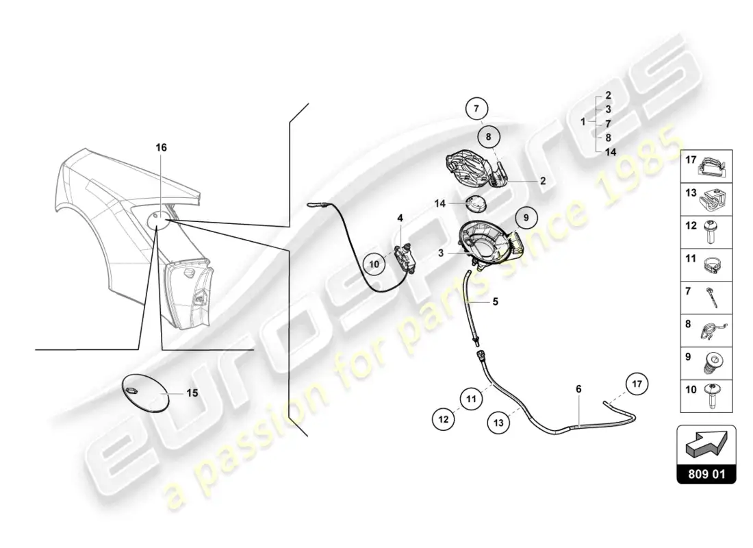 lamborghini evo coupe 2wd (2023) fuel filler flap parts diagram