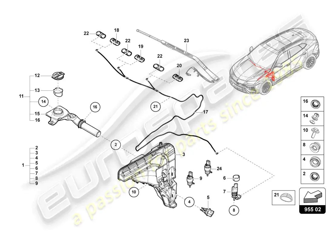 lamborghini urus (2022) windscreen washer system parts diagram