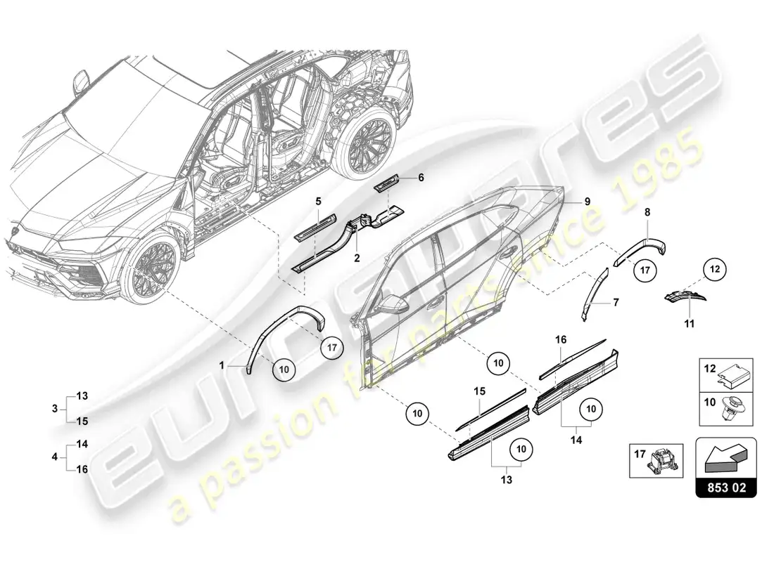lamborghini urus performante (2023) sill trim strip parts diagram