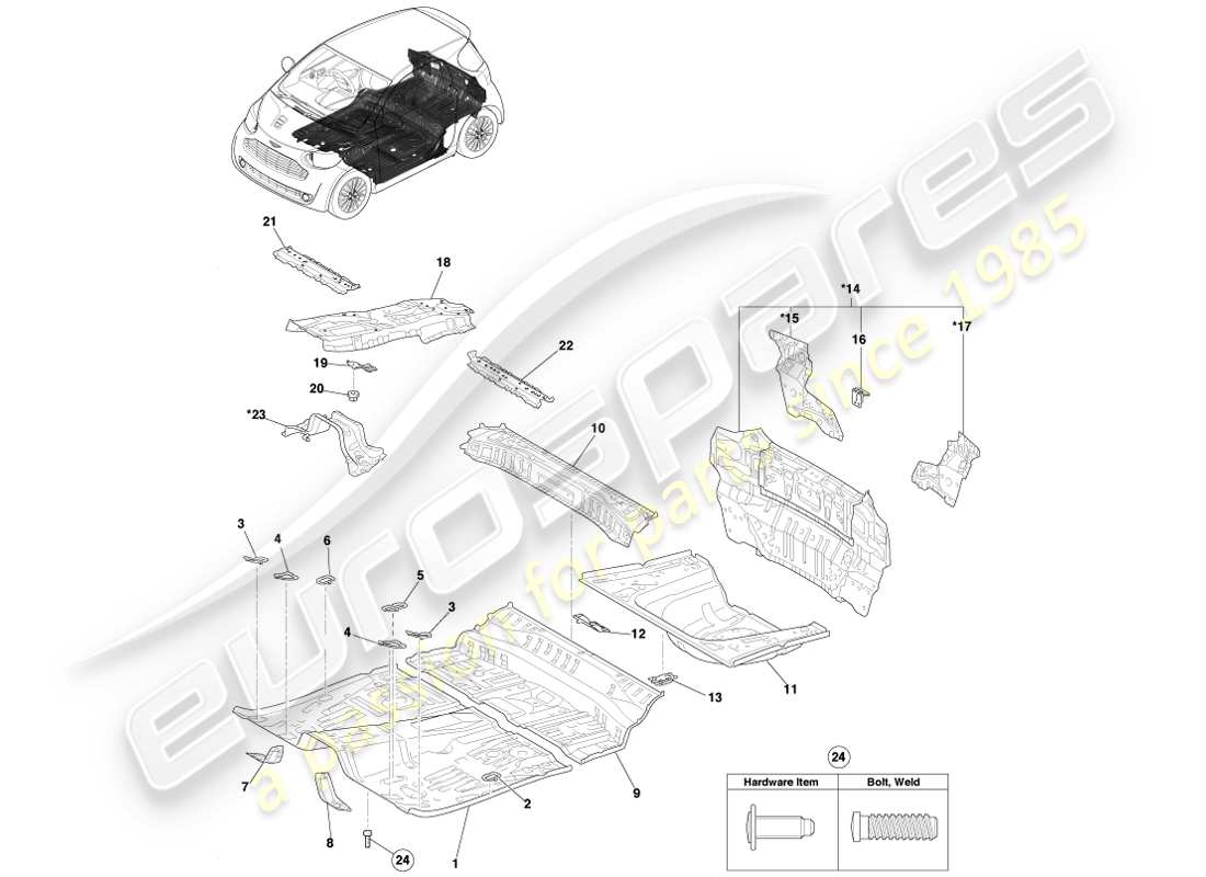 aston martin cygnet (2012) floor pan & lower back panel part diagram