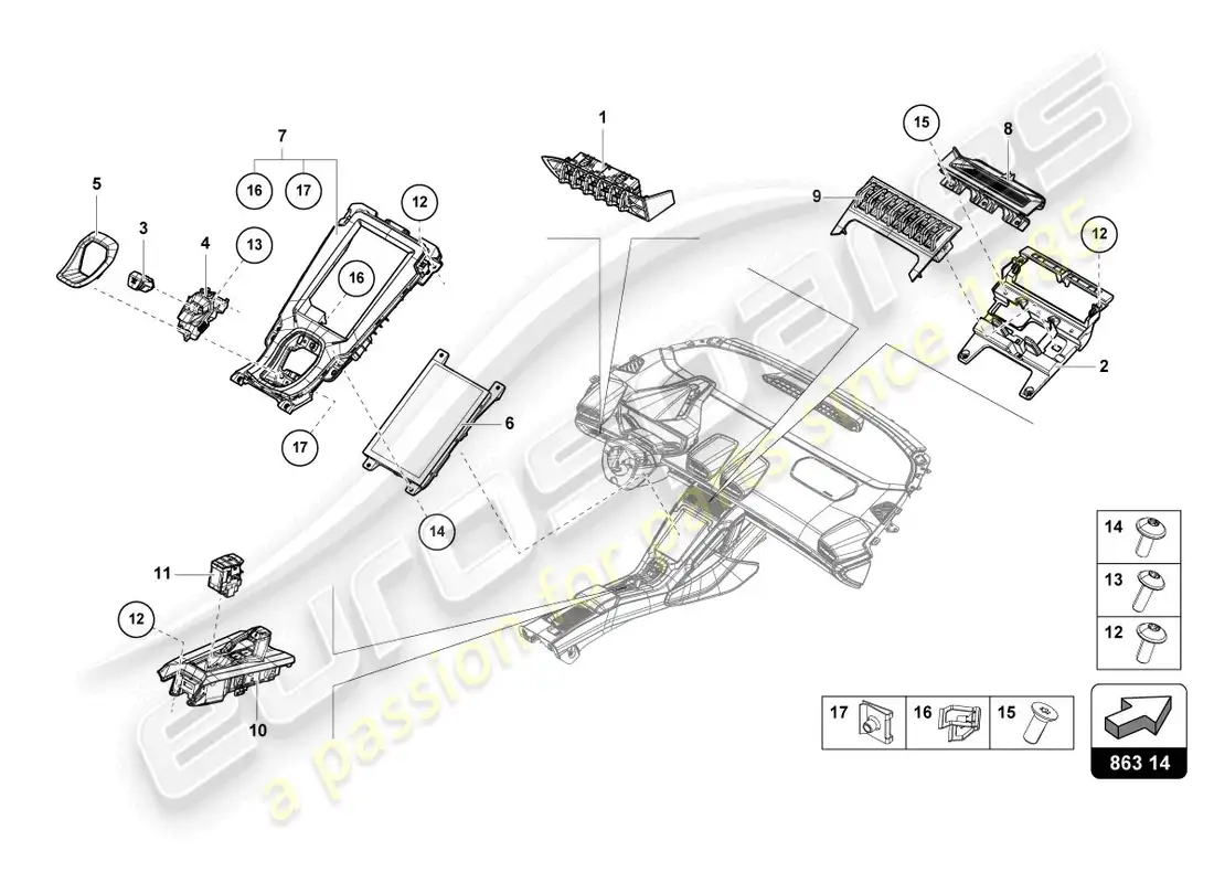 lamborghini tecnica (2024) centre console, upper part parts diagram