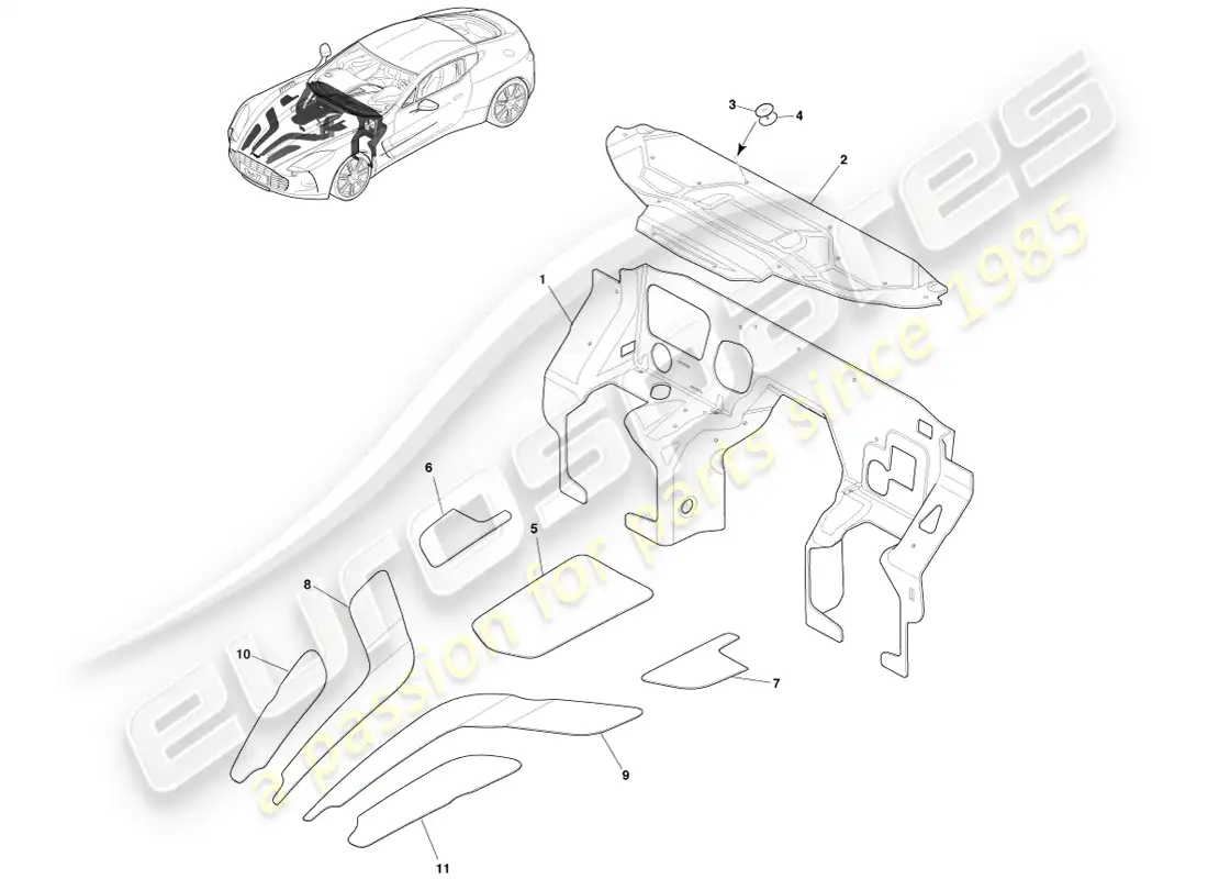 aston martin one-77 (2011) bulkhead & engine insulation parts diagram