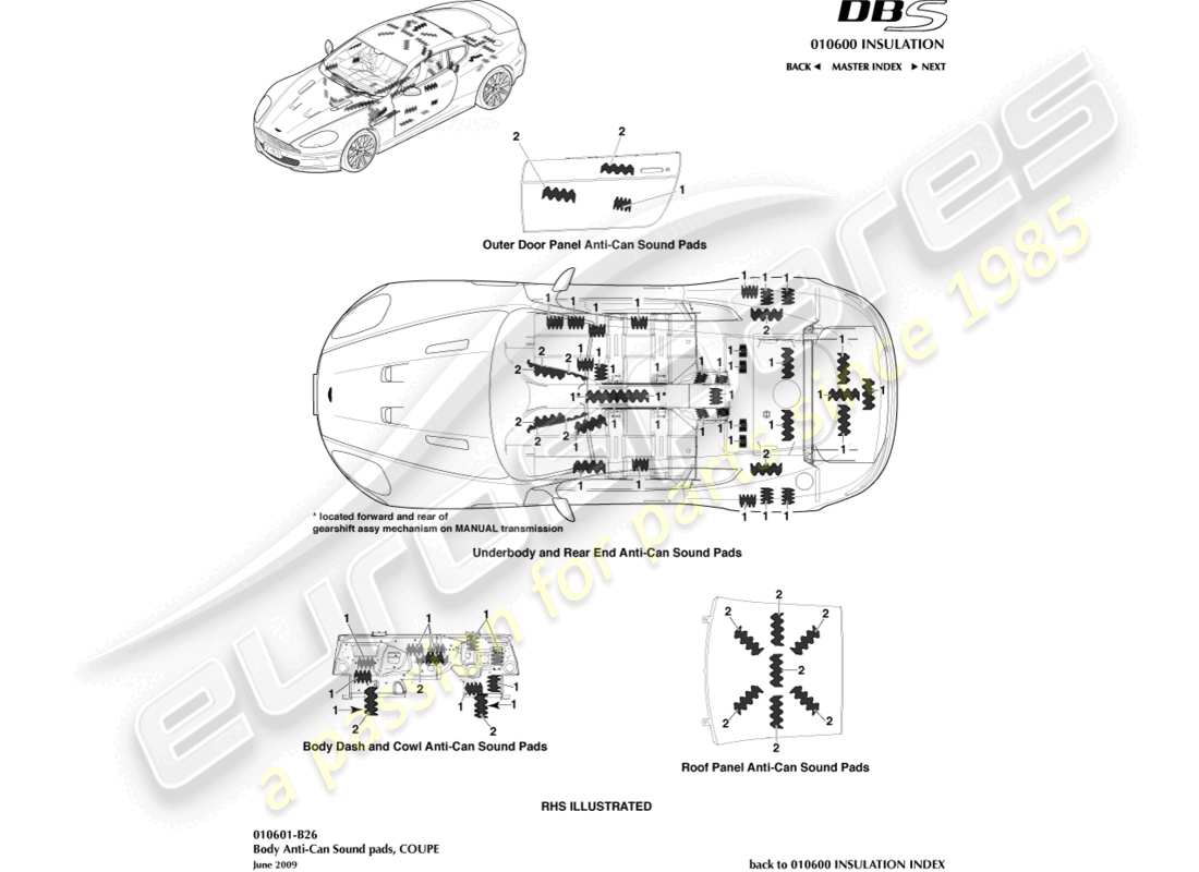 aston martin dbs (2009) anti-can sound pads, coupe part diagram