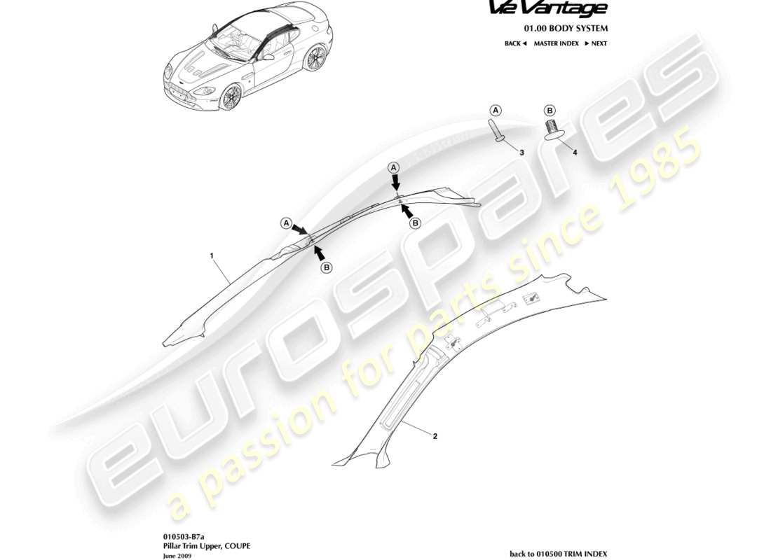 aston martin v12 vantage (2012) pillar trim, upper, coupe part diagram