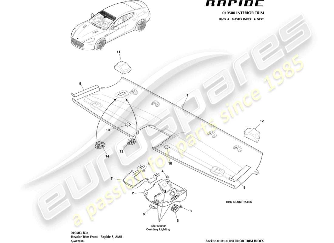 aston martin rapide (2010) front header trim, s part diagram