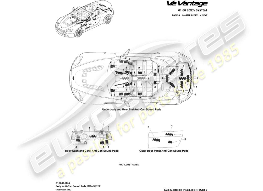 aston martin v12 vantage (2012) anti-can sound pads, roadster part diagram
