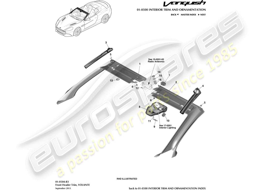 aston martin vanquish (2016) front header trim, volante part diagram