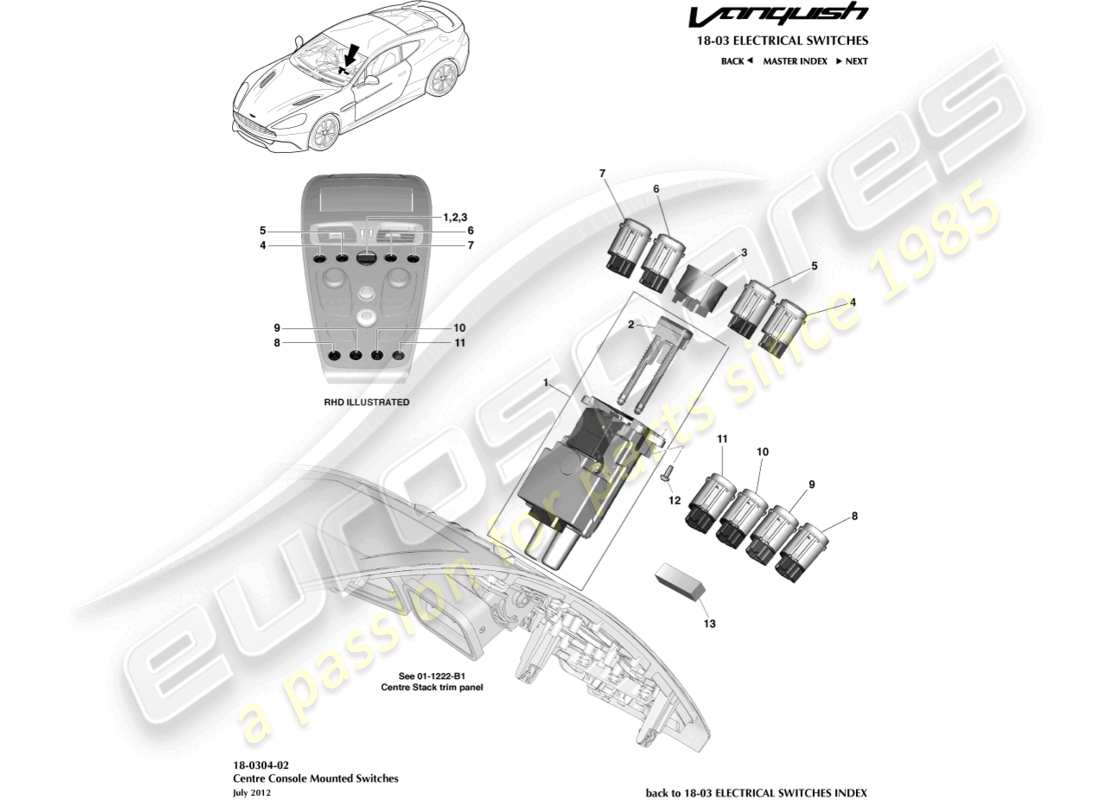 aston martin vanquish (2016) centre console switches part diagram