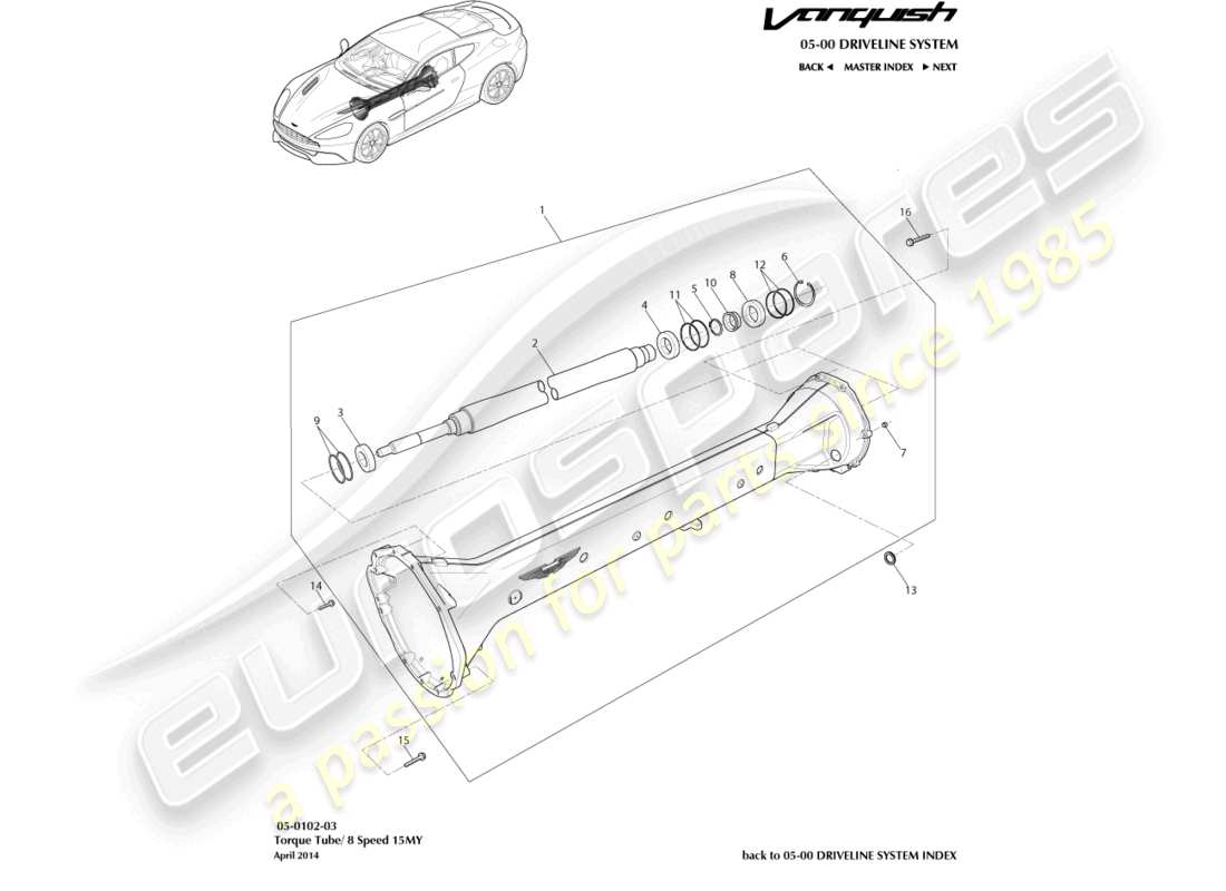 aston martin vanquish (2015) torque tube assembly, 8 spd part diagram