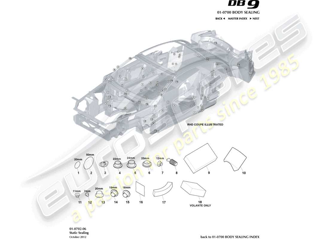 aston martin db9 (2016) static sealing part diagram