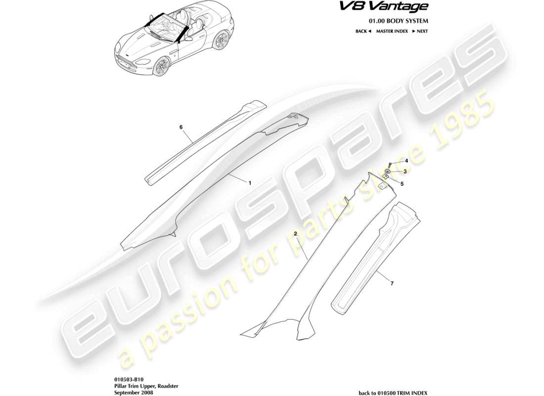 aston martin v8 vantage (2018) pillar trim, upper, roadster part diagram