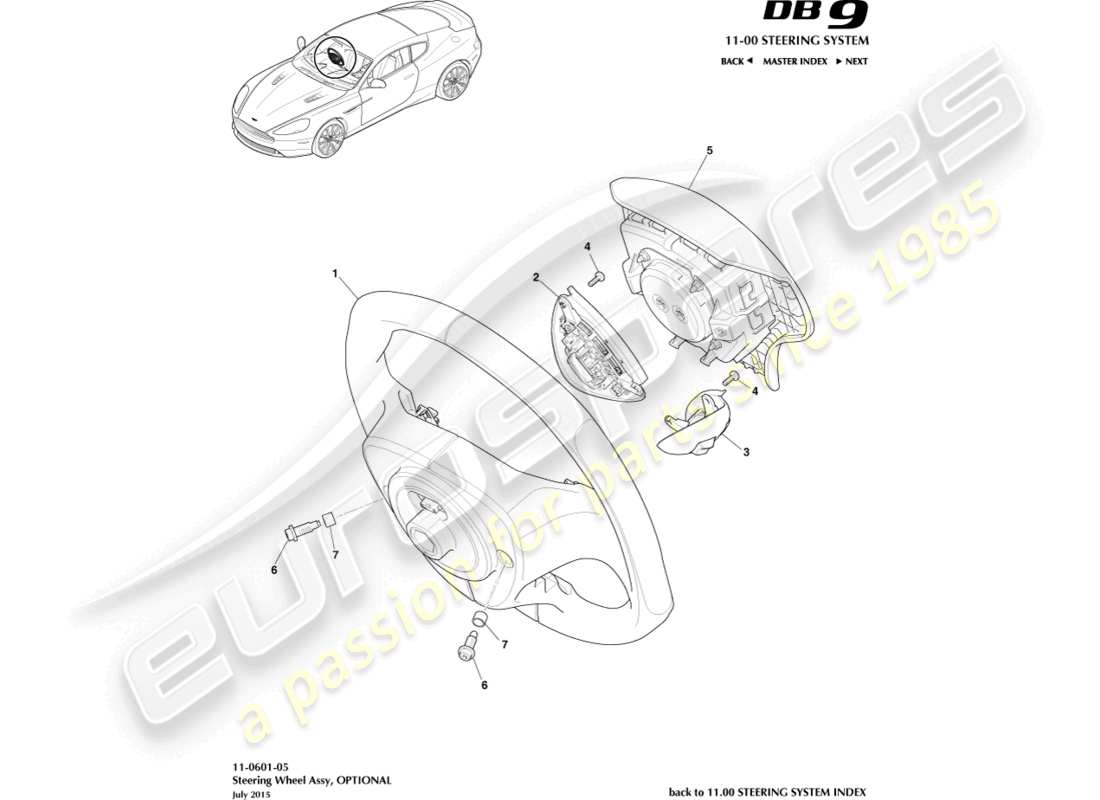 aston martin db9 (2016) steering wheel, optional part diagram