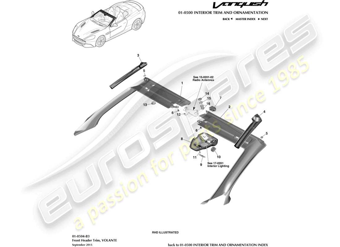 aston martin vanquish (2015) front header trim, volante part diagram