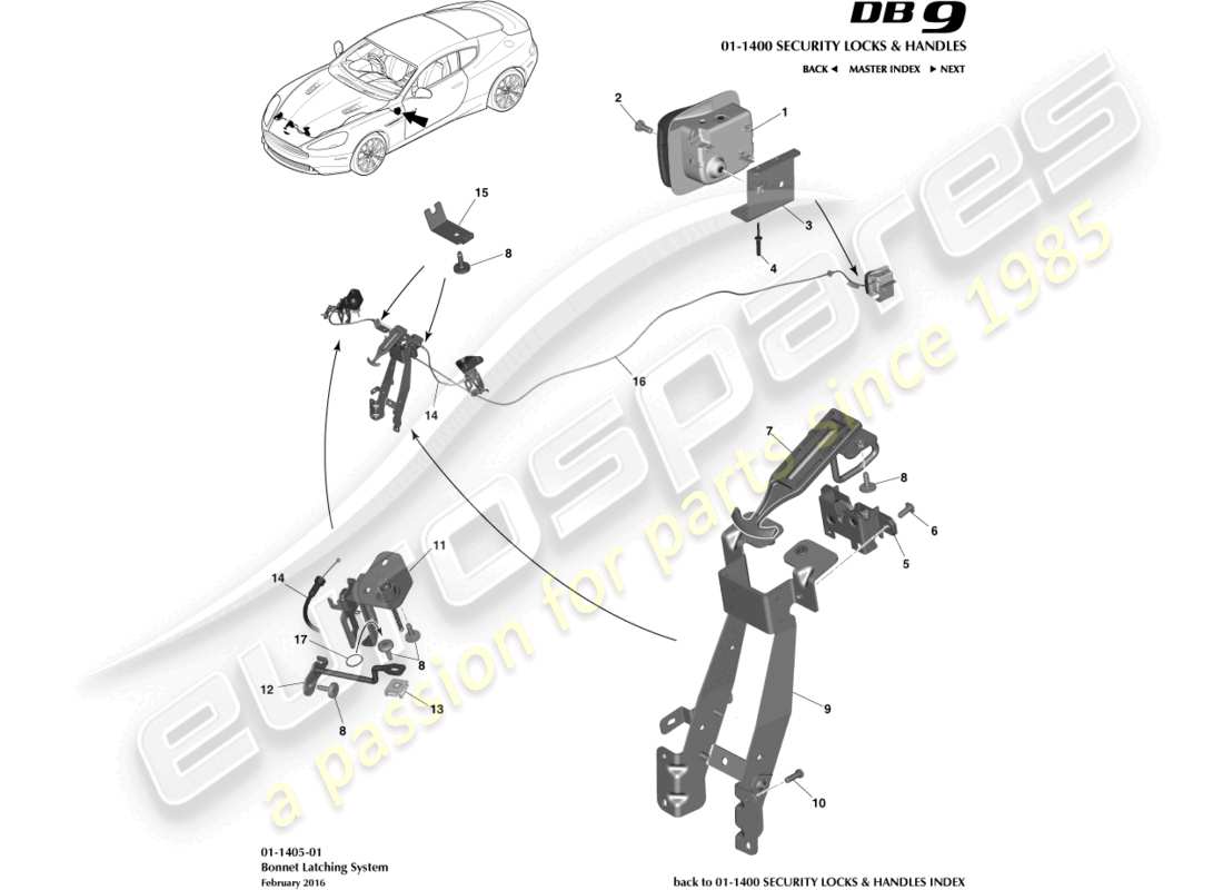 aston martin db9 (2014) bonnet latch & actuation parts diagram