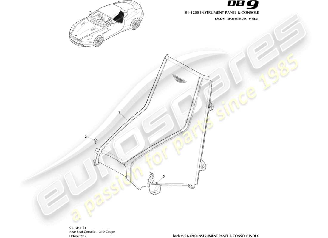 aston martin db9 (2017) rear console, coupe 2+0 part diagram