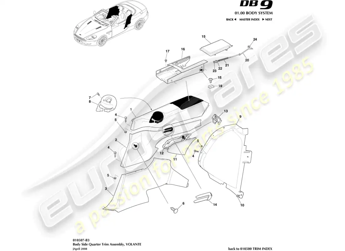aston martin db9 (2006) body side quarter trim, volante parts diagram