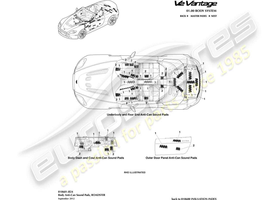 aston martin v12 vantage (2010) anti-can sound pads, roadster part diagram