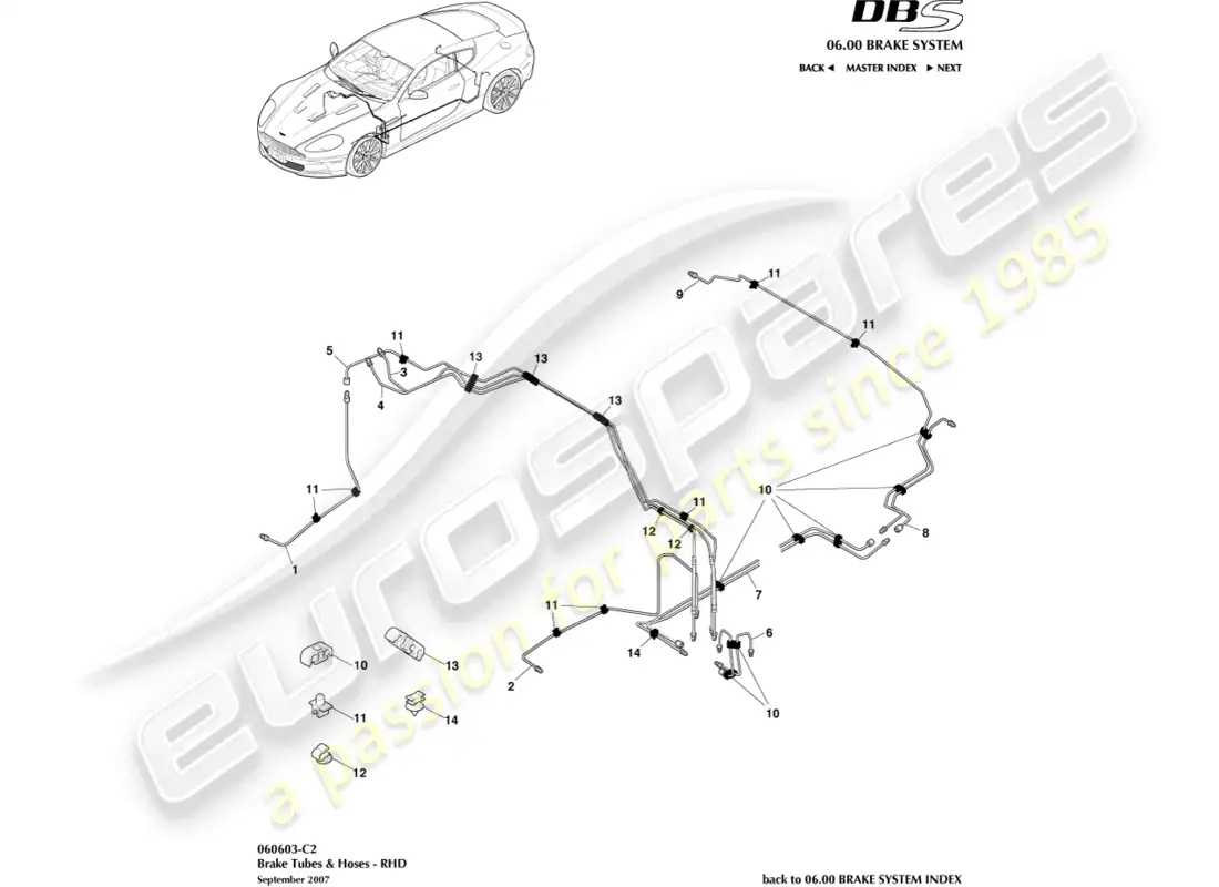 aston martin dbs (2011) brake lines & hoses, rhd parts diagram