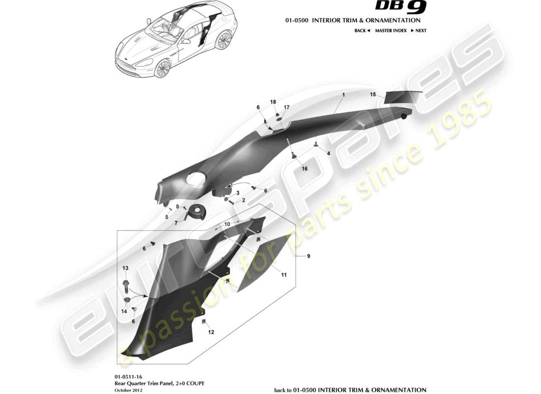 aston martin db9 (2015) rear quarter trim panel, 2+0 coupe part diagram