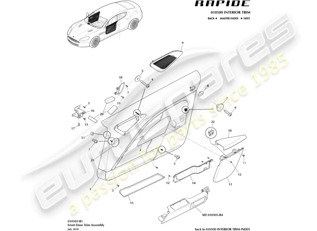 aston martin rapide (2017) front door trim panel parts diagram