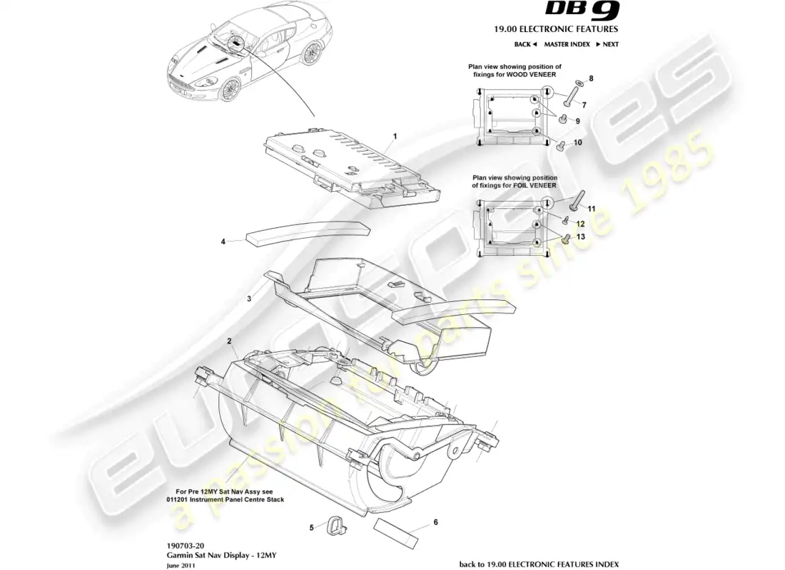aston martin db9 (2012) sat nav display, 12my on parts diagram