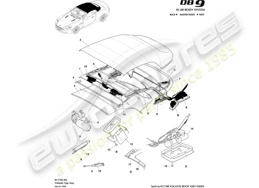 aston martin db9 (2012) volante roof assembly parts diagram