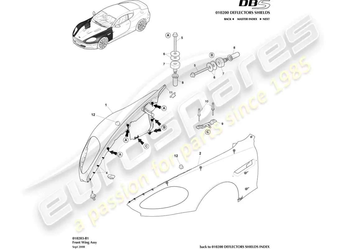 aston martin dbs (2008) front wing assembly parts diagram
