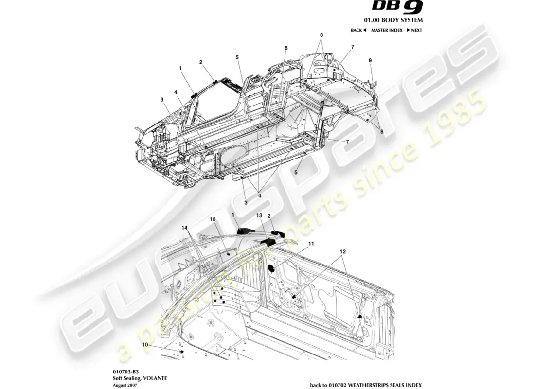 aston martin db9 (2005) soft sealing, volante parts diagram