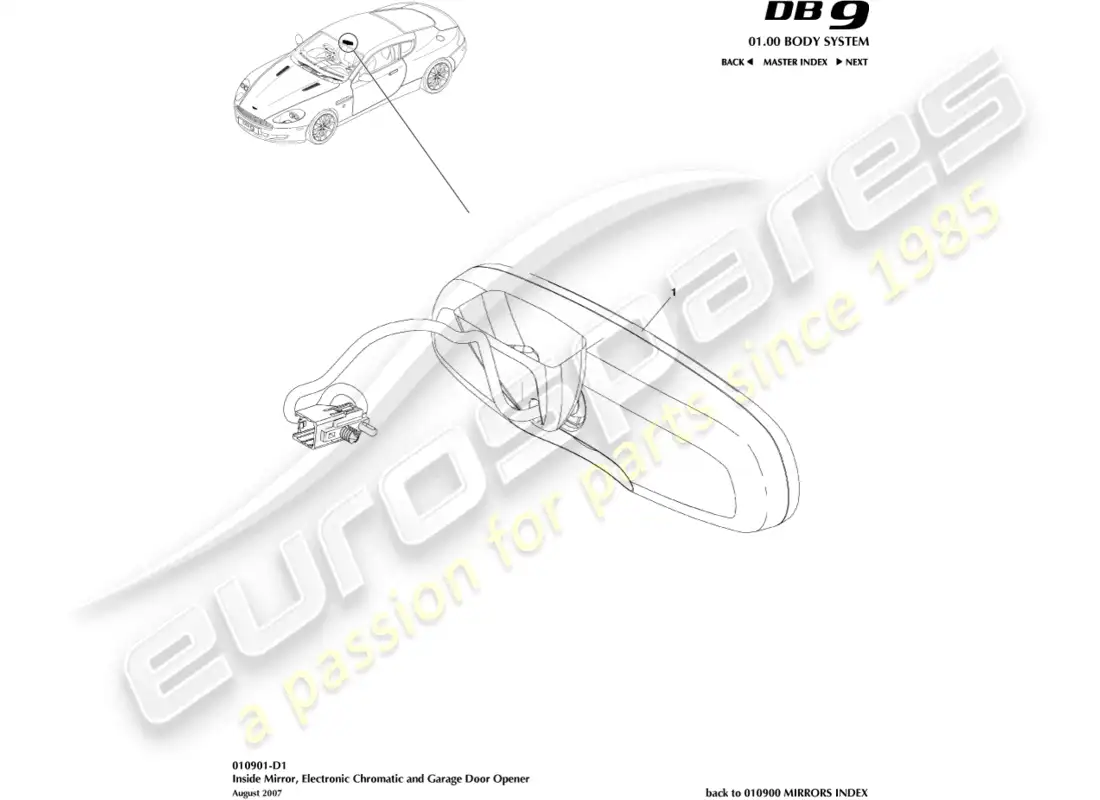 aston martin db9 (2004) interior mirron, chromatic, gdo part diagram