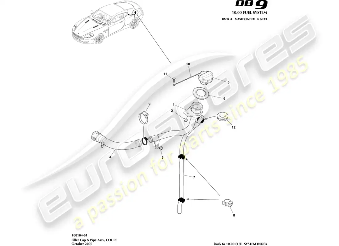 aston martin db9 (2004) fuel filler cap & pipe, coupe parts diagram