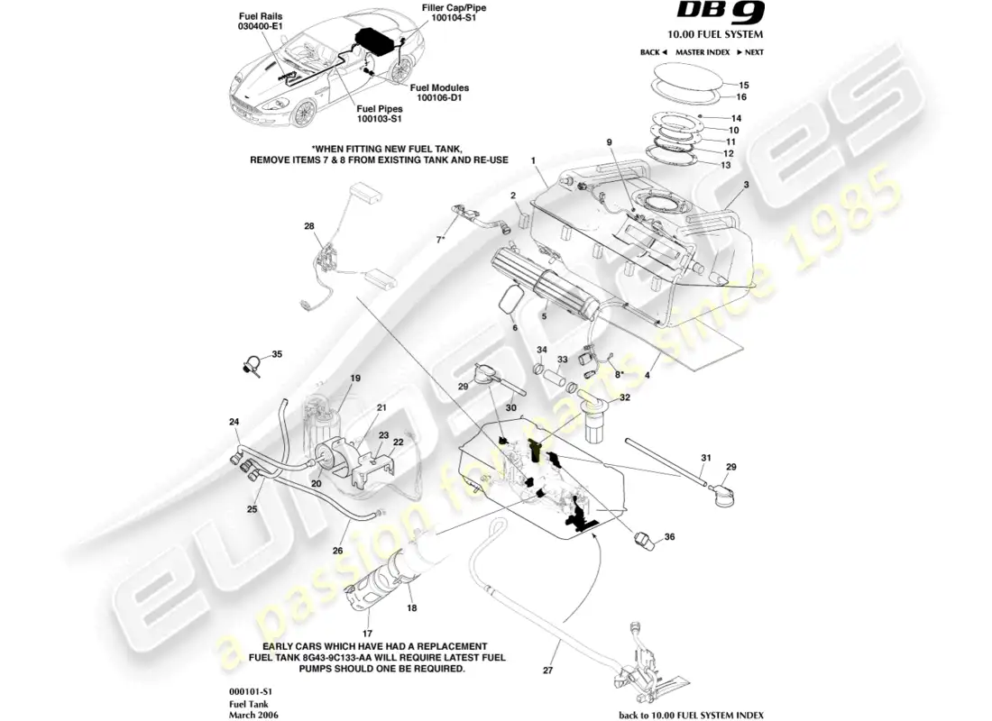 aston martin db9 (2004) fuel tank assy parts diagram