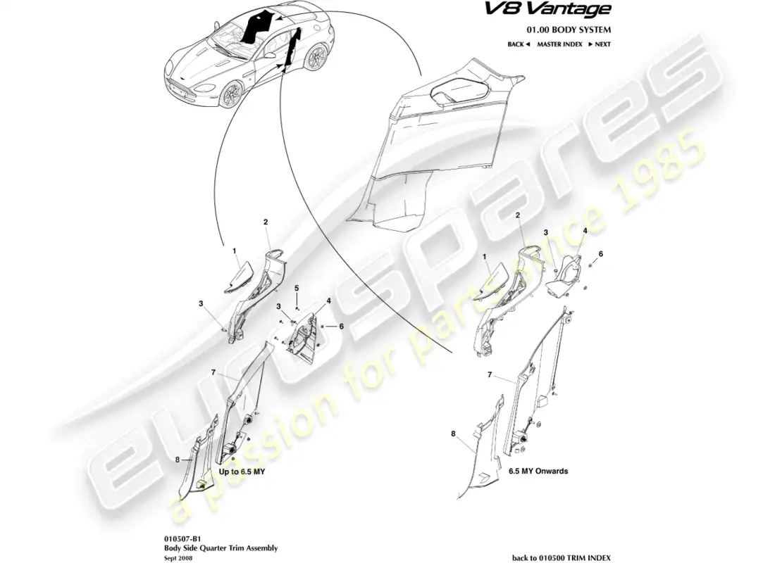 aston martin v8 vantage (2015) body side quarter trim, coupe part diagram