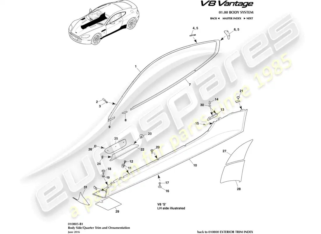 aston martin v8 vantage (2015) bodyside & quarter trim, coupe part diagram
