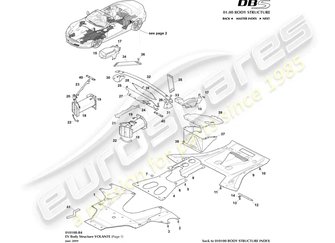 aston martin dbs (2009) ev structure, volante, page 1 parts diagram
