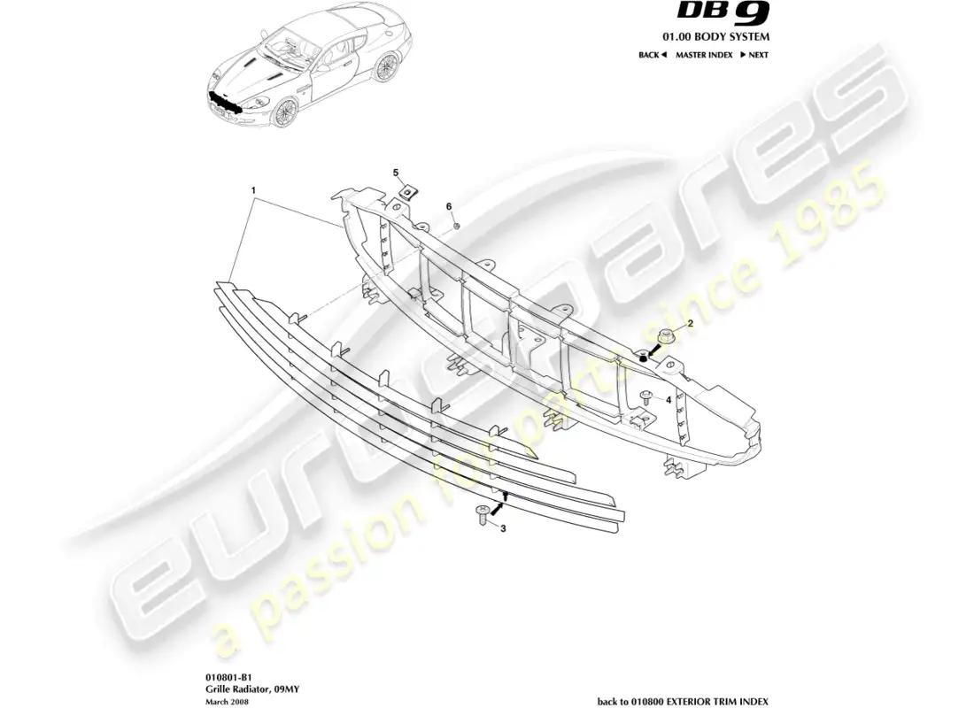 aston martin db9 (2005) radiator grille,09my parts diagram