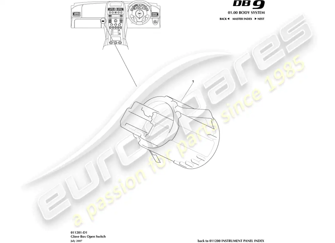 aston martin db9 (2012) glove box switch parts diagram