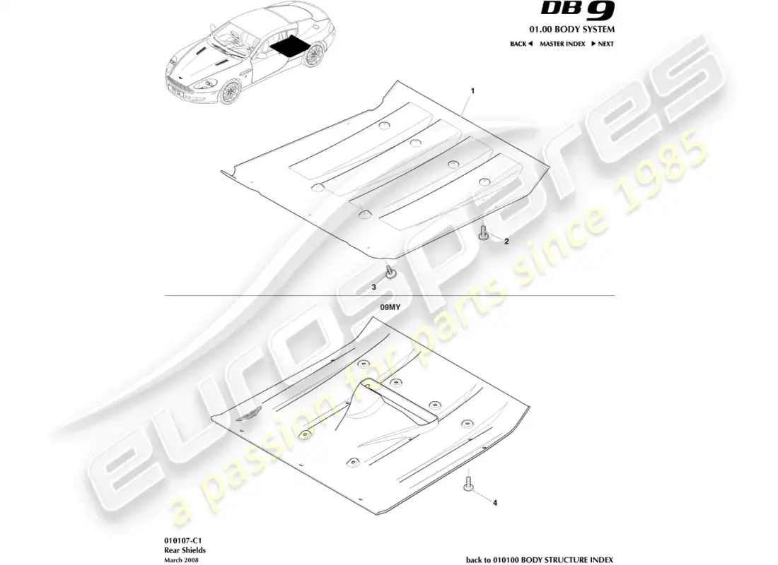 aston martin db9 (2005) rear underbody shields parts diagram
