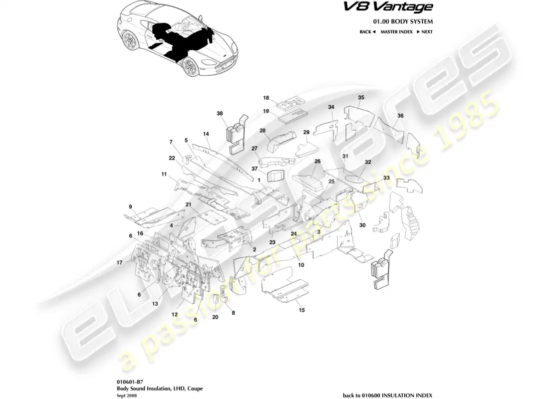aston martin v8 vantage (2018) body insulation, lhd part diagram