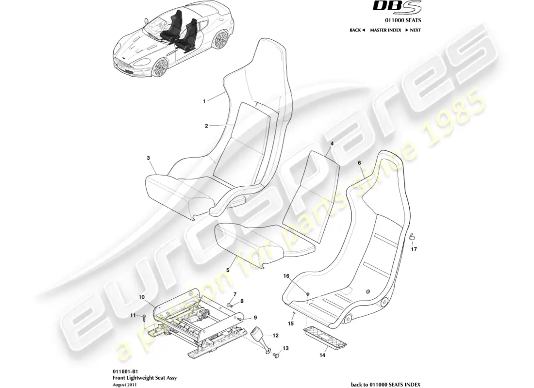 aston martin dbs (2013) front lightweight seat parts diagram