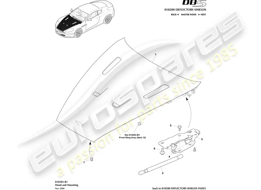 aston martin dbs (2012) bonnet and mounting parts diagram