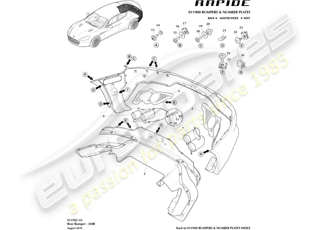 aston martin rapide (2011) rear bumper, amr parts diagram