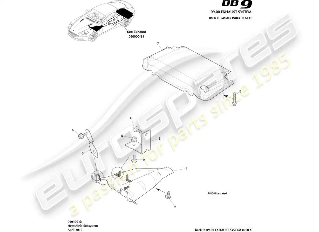 aston martin db9 (2004) heatshield subsystem parts diagram