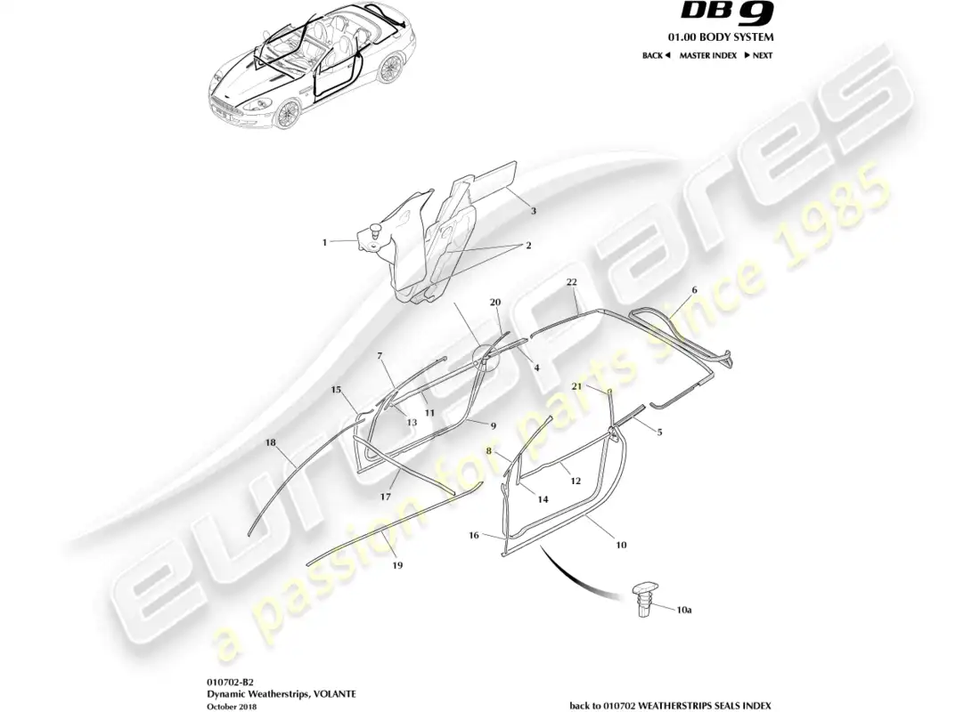aston martin db9 (2005) dynamic weatherstrips, volante parts diagram