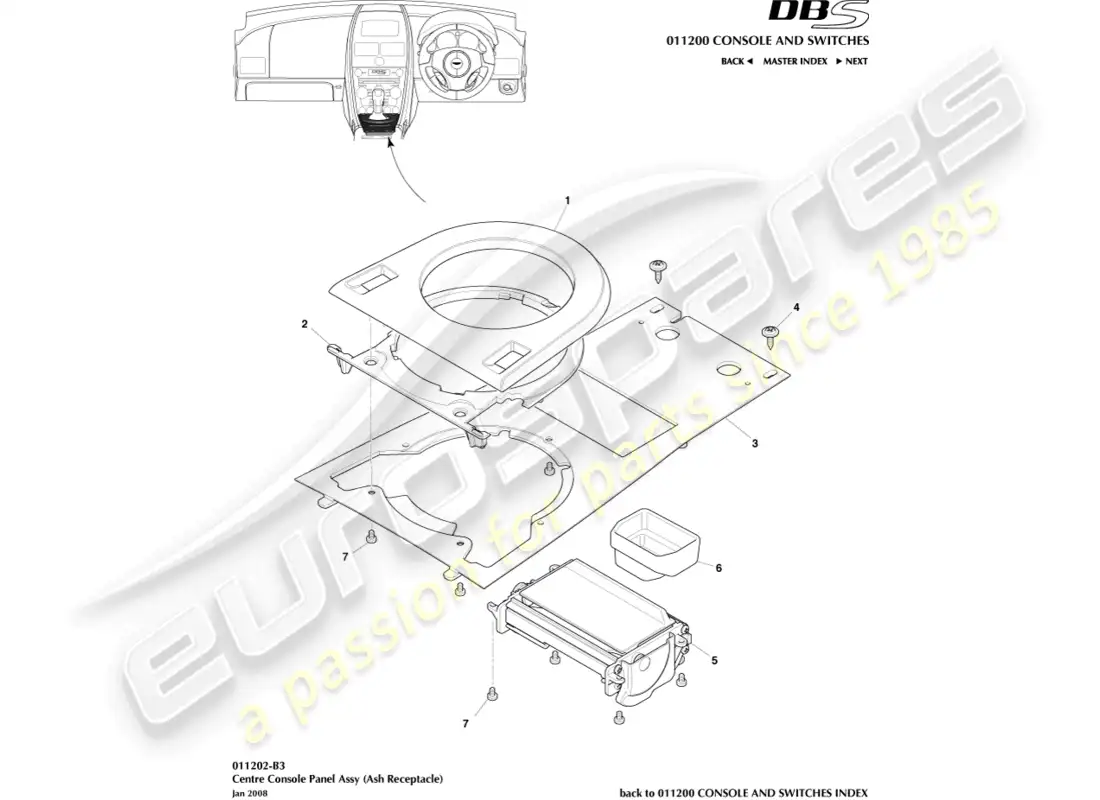 aston martin dbs (2011) centre console, manual parts diagram