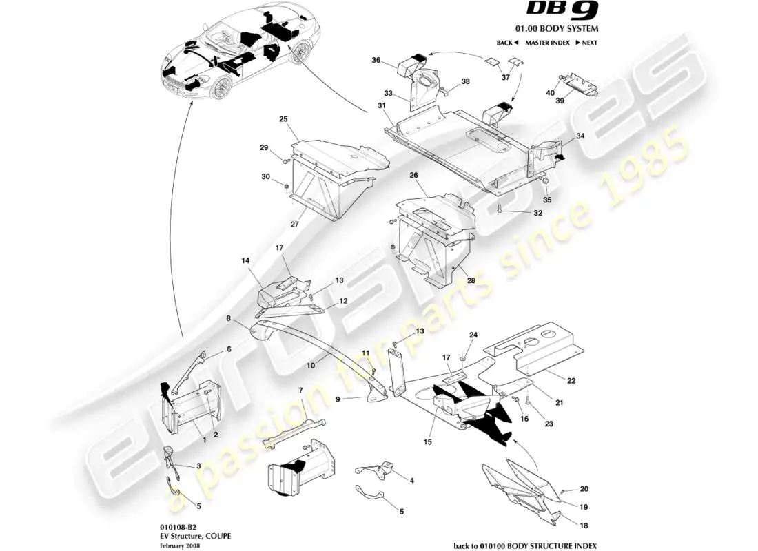 aston martin db9 (2005) ev structure, coupe parts diagram