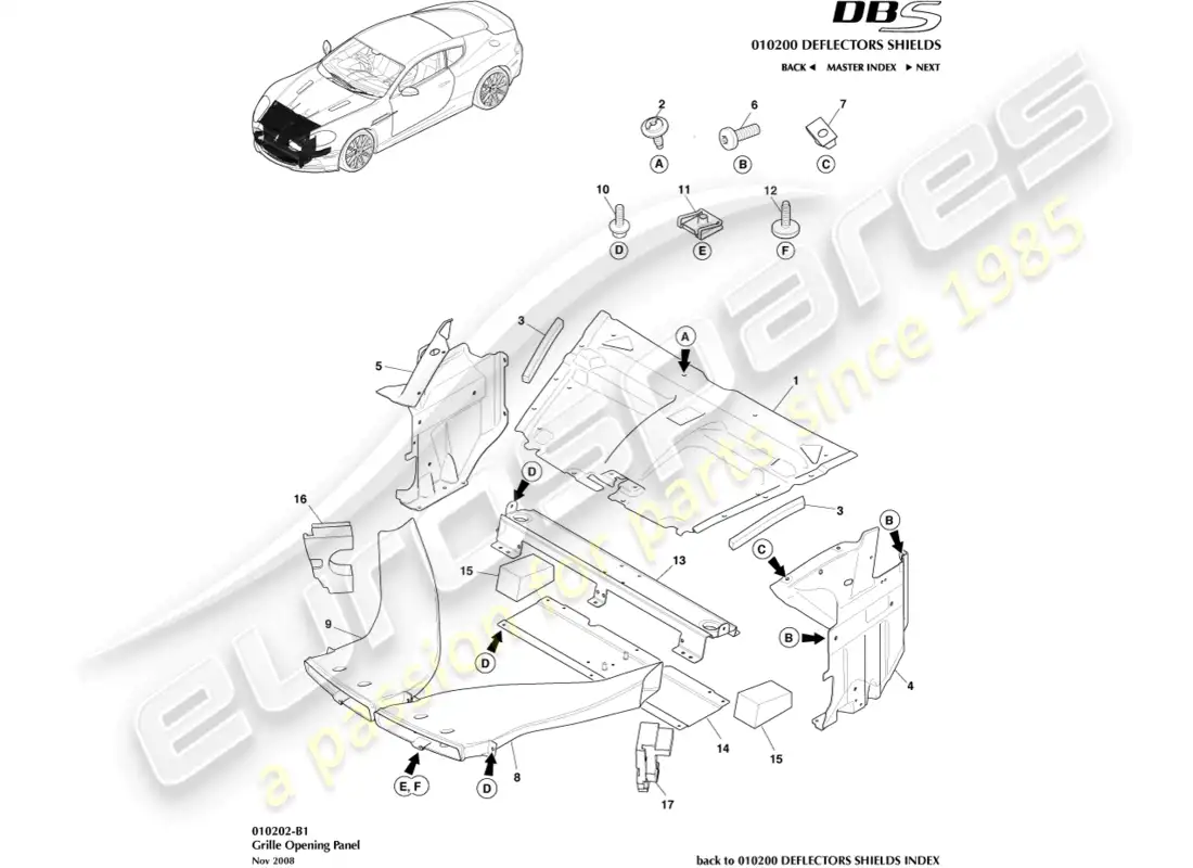 aston martin dbs (2009) grille opening panel parts diagram