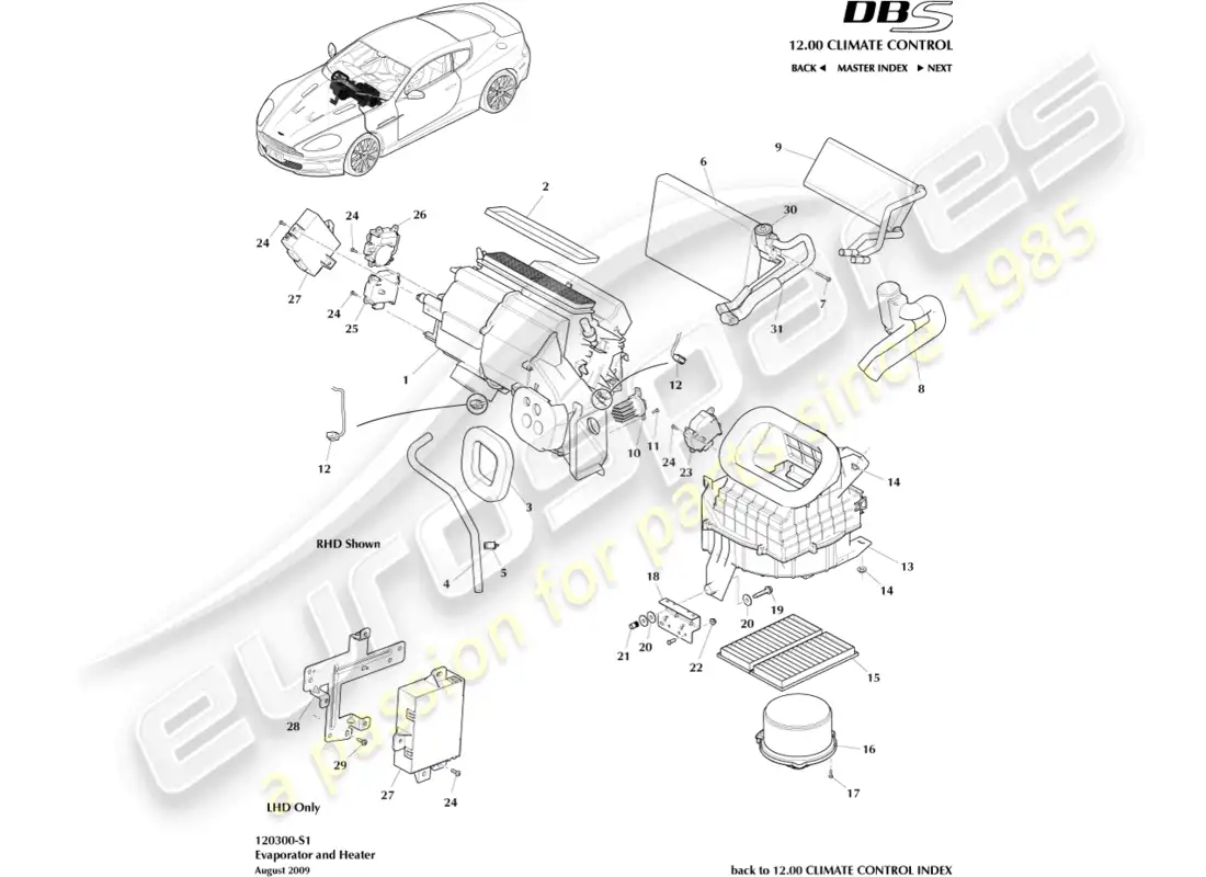 aston martin dbs (2013) evaporator & heater parts diagram